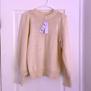 Shaker Puff Sleeve Crewneck Sweater in Ecru